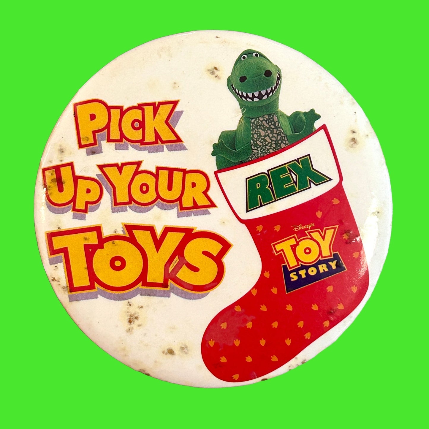 Toy Story: Pick Up Your Toys Rex Button Pin Badge (1995) - PopCultGang