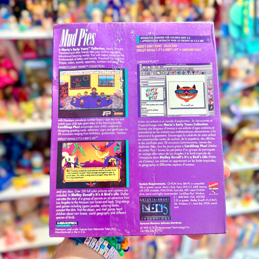 Mud Pies - Mario's Early Years Collection, Shellay Duvall's "It's A Bird's Life", Cardshop Plus! (SEALED, extremely rare officially licensed Mario game, PC Big Box, 1995)