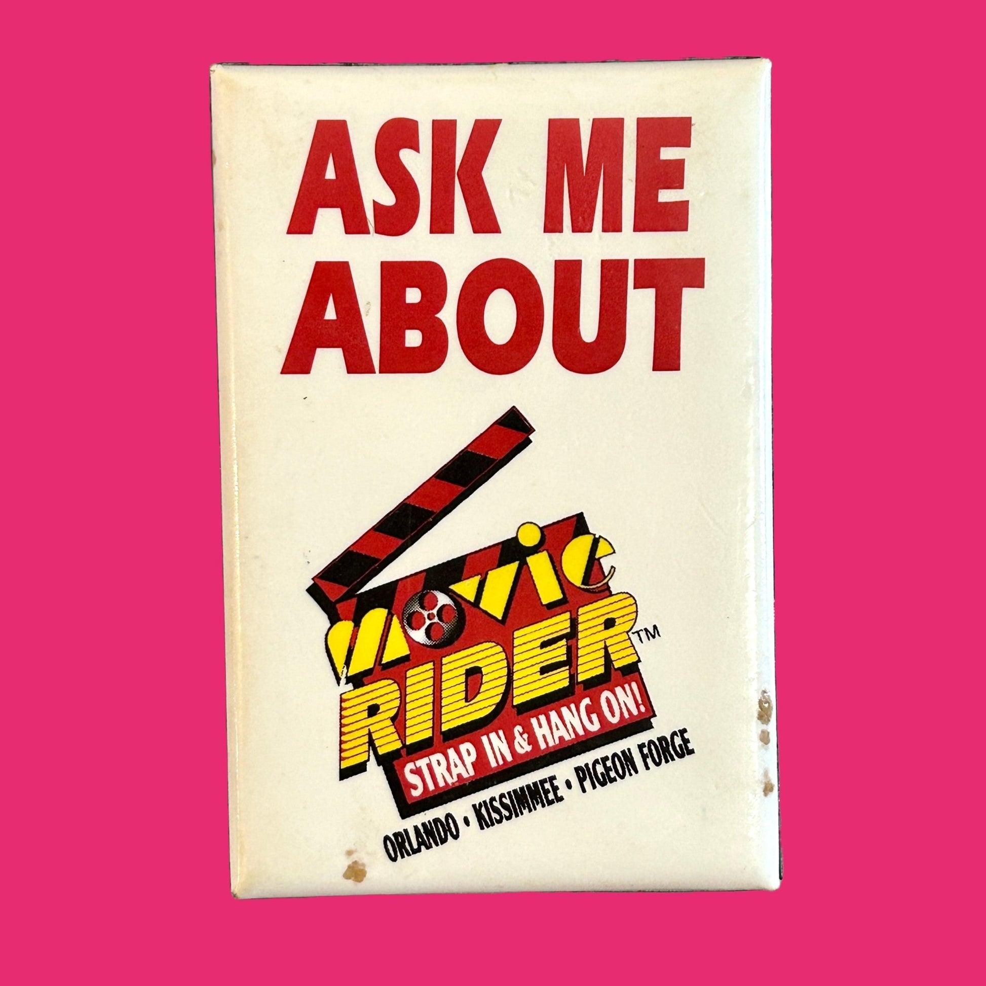 "Ask Me About Movie Rider" Attraction Promotional Button Pin Badge (90s) - PopCultGang