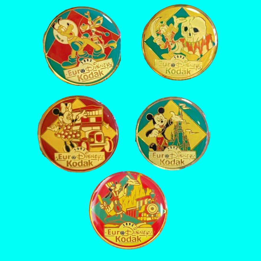 Euro Disney Park: Grand Opening Enamel Pin Buttons Mickey, Donald Duck, Pluto, Minnie (Kodak, 1992) - PopCultGang