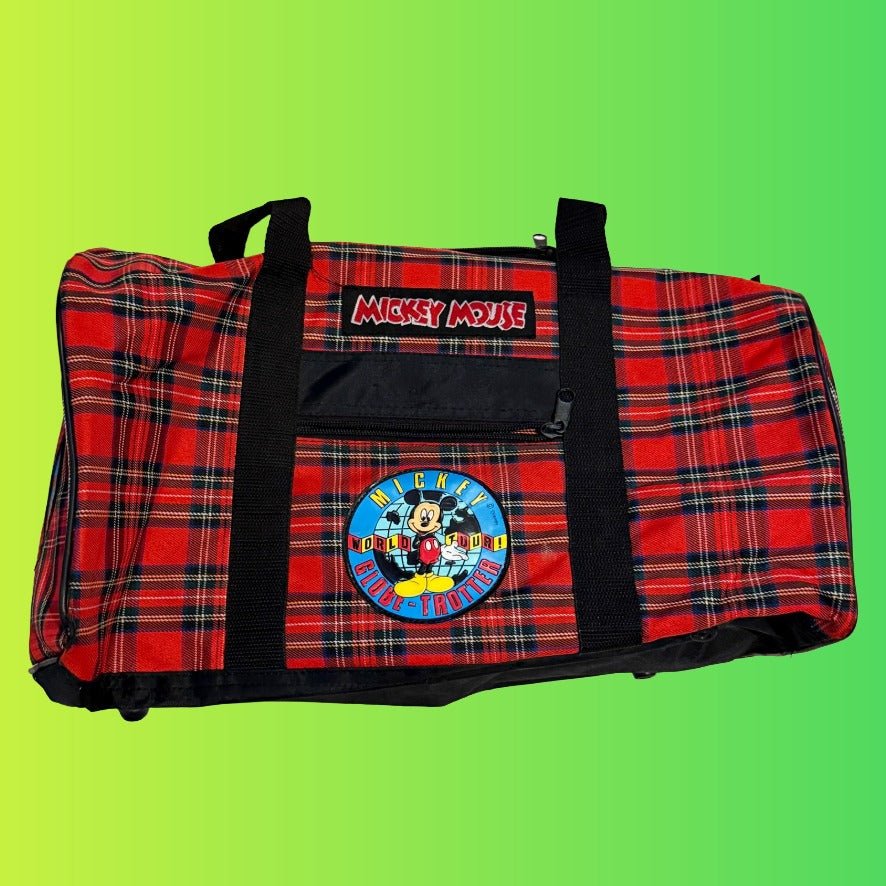 Mickey Mouse "Globe Trotter" Plaid Checkered Duffle - bag Gym Bag (Disney, 90s) - PopCultGang