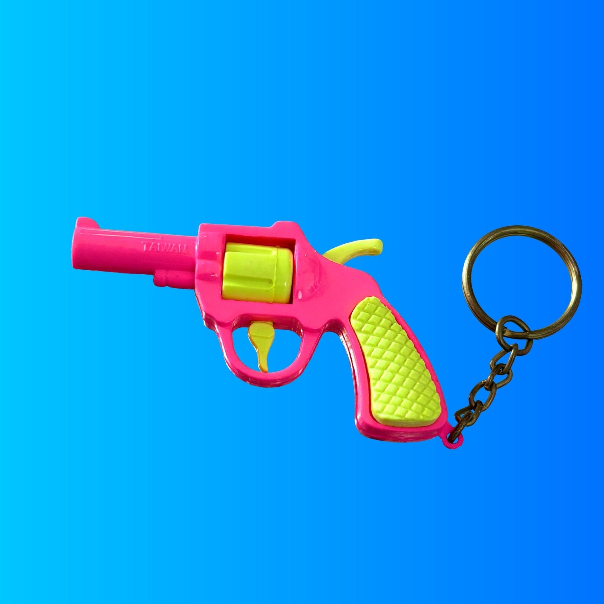 Neon Pink Revolver Charm Keychain (80s) - PopCultGang