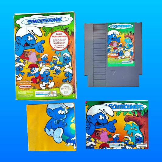 The Smurfs - with rare danish sticker and poster! (CIB, complete in box, FRA, NES) - PopCultGang